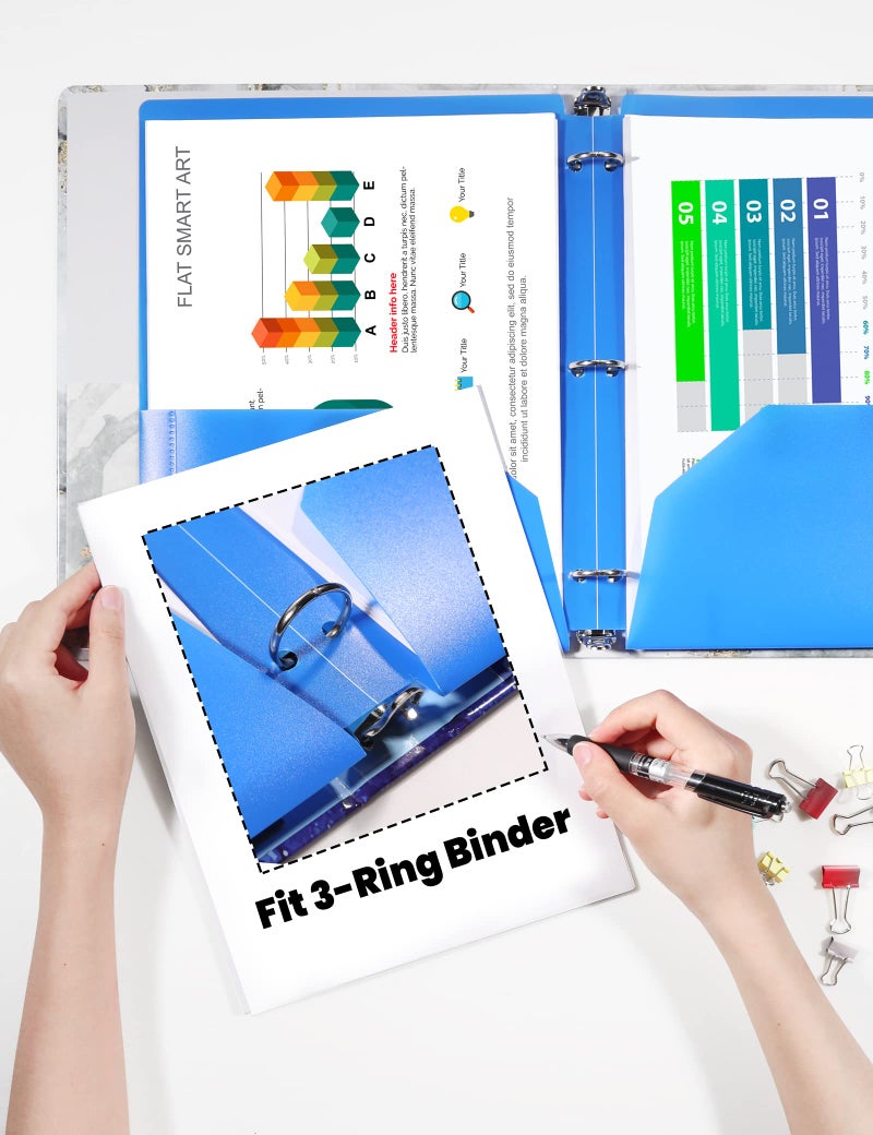 SUNEE 3 Hole Pocket Folders (6/Pack, Assorted Color) Plastic Pocket Folders for 3 Ring Binder, 3-Hole Punched Folders with Pockets, for Kids, Students, Teachers, Office Staff - Image 5